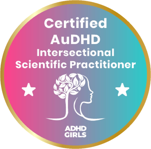 Certified AuDHD Intersectional Scientific Practitioner badge from ADHD Girls
