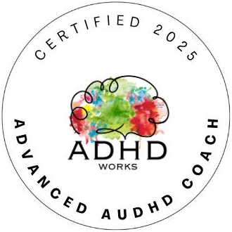 Certified 2025 Advanced AuDHD Coach badge from ADHD Works